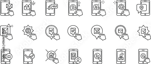 Mobile App Interaction and Navigation Line Icon Set Featuring Search, Help, Notifications, and User Actions Collection