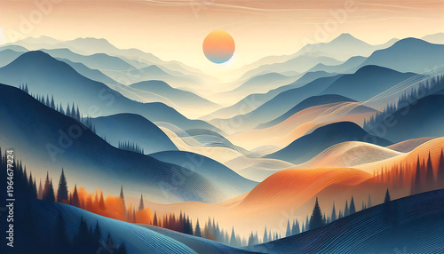 misty mountains in various shades of blue receding into the distance with atmospheric