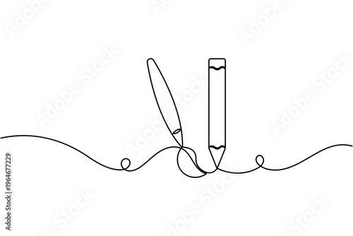 Design paint brush tool and pencil icon continuous one line drawing single art on white background minimal modern artist combo tools symbol outline vector illustration