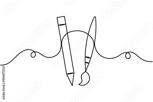 Design paint brush tool and pencil icon continuous one line drawing single art on white background minimal modern artist combo tools symbol outline vector illustration