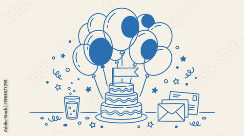 Charming blue line art illustration depicting a festive tiered cake surrounded by celebratory balloons and party elements.