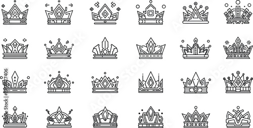 Fotografie Floral Crown Line Icon Set Featuring Elegant Floral Headpieces, Leaf Designs, an