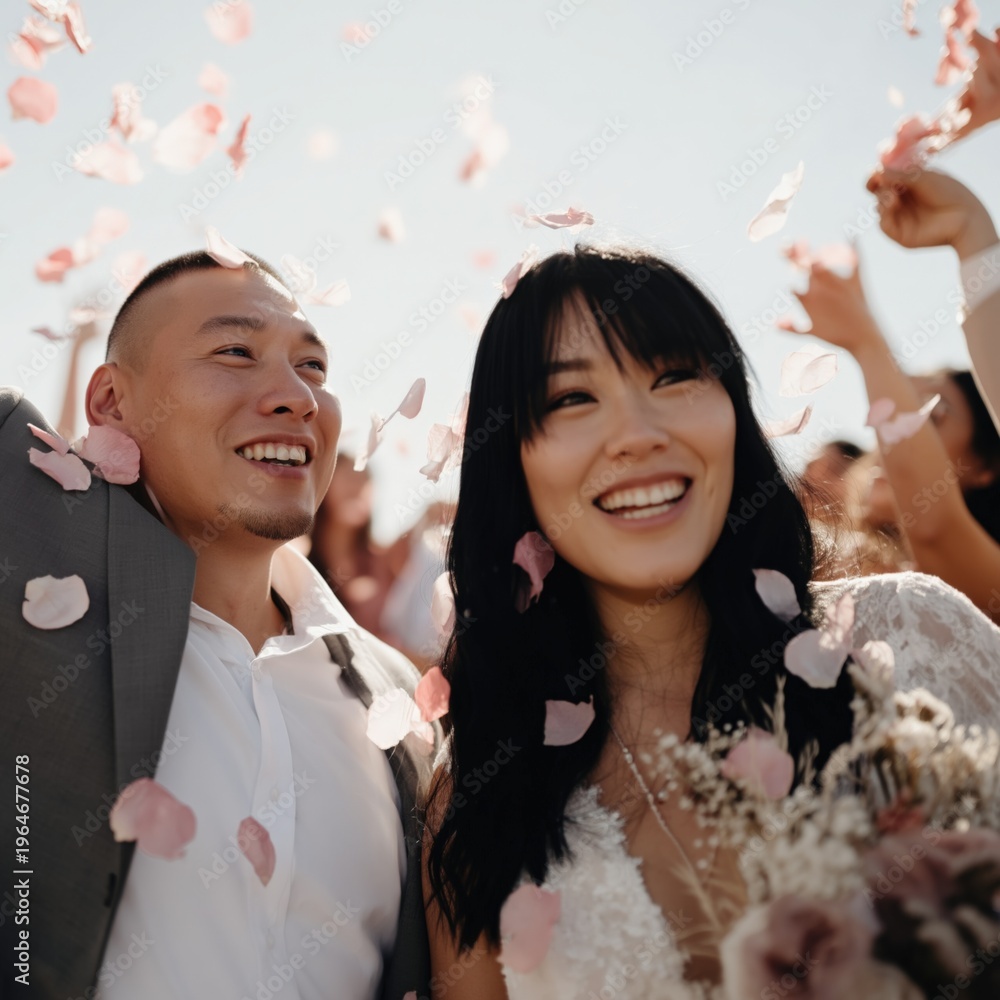 Fototapeta premium Asian female adult asian male adult joyful wedding couple smiling under falling petals at outdoor ceremony with bouquet and guests