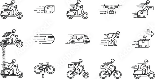 Delivery and Logistics Line Icon Set Featuring Scooters, Bikes, Drones, and Fast Shipping Services Collection