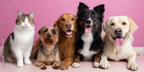 Cheerful group of different pets on a playful pink background for a fun photo 