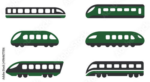 Stylized green trains in different perspectives simple, flat design rail vehicles, minimal transportation icons, different viewing angles