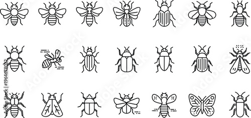 Insect and Bug Line Icon Set Featuring Bees, Butterflies, Beetles, and Other Insects Collection