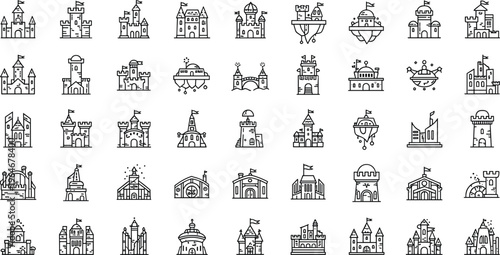 Castle and Fortress Line Icon Set Featuring Towers, Flags, Castles, Strongholds, and Royal Structures Collection