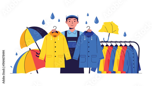 Rainy Day Essentials: A scene showcases essential items for braving a rainy day, including a colorful array of raincoats and umbrellas.