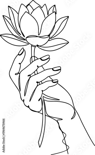 Lotus flower and hand vector illustration. Line art style design element