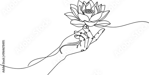 Lotus flower and hand line art style vector