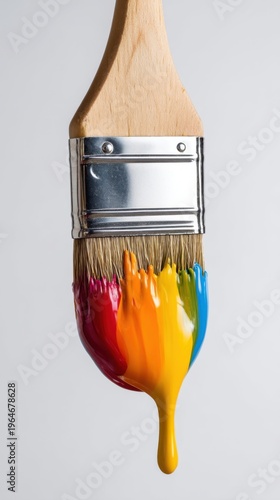 Close-up shot of colorful paint dripping from a brush on white background, perfect for art supply ads, creative concepts, and DIY projects 