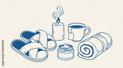A cozy collection of self-care and relaxation essentials, featuring slippers, a candle, warm tea, and cream.