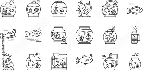 Fish Tank and Aquarium Line Icon Set Featuring Fish, Aquariums, Plants, Water Bubbles, and Aquatic Life Symbols Collection