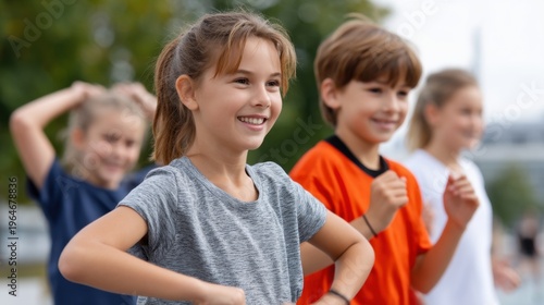 Group of energetic children practicing sports outdoors, playing team games, smiling and enjoying fitness training together 