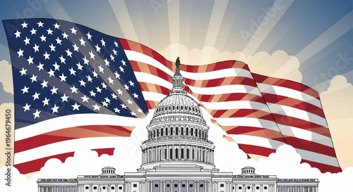 American flag waving above the us capitol building in washington dc with sun rays and clouds