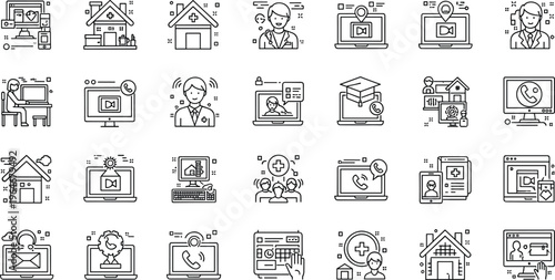 Remote Work and Virtual Meeting Line Icon Set Featuring Online Calls, Video Conferencing, Home Office, E-learning, Work-from-home, and Communication Symbols Collection