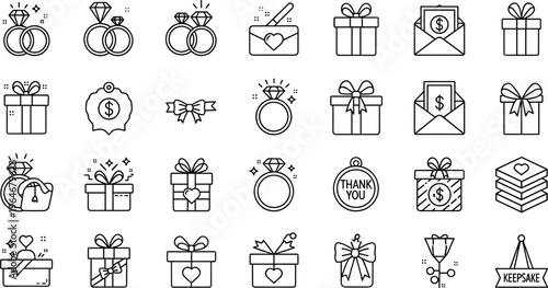 Wedding and Gift Icon Set Featuring Rings, Presents, Thank You Notes, Money, Jewelry, Love Symbols, Keepsakes, and Heart-Shaped Gift Boxes Collection