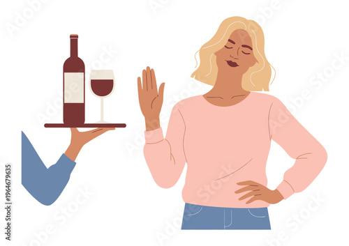 Woman standing saying no to alcohol refusing of glass of wine with raised hand, healthy lifestyle and avoiding alcohol concept, hand drawn vector illustration, refusal gesture, sobriety awareness and 