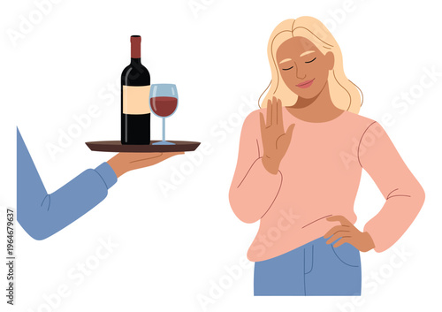 Woman standing saying no to alcohol refusing of glass of wine with raised hand, healthy lifestyle and avoiding alcohol concept