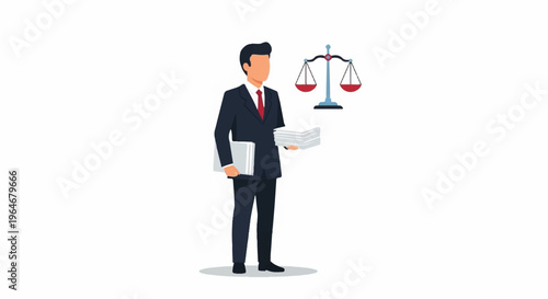 Businessman holding documents standing next to balance scales symbolizing fairness and justice in law finance or business with a professional and neutral background