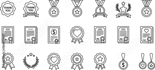 Award and Achievement Line Icon Set Featuring Medals, Certificates, Badges, Laurels, Recognition, Appreciation, Winner Symbols Collection for Business and Education Design