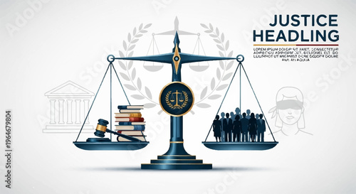 Justice scale balancing books and people on white background with law symbols