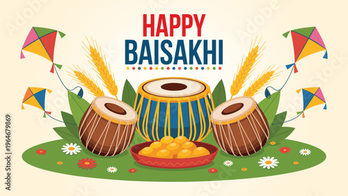 Happy Baisakhi festival illustration with traditional dhol drums sweets kites and wheat Punjabi harvest celebration colorful cultural festive background