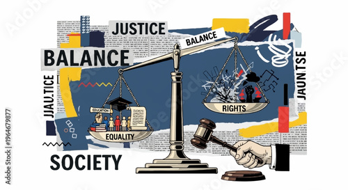 Justice scale and gavel on newspaper collage background with equality and balance words