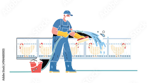 Poultry Farm Sanitation: An individual diligently sanitizing a poultry farm, ensuring a clean and hygienic environment for the wellbeing of the flock.