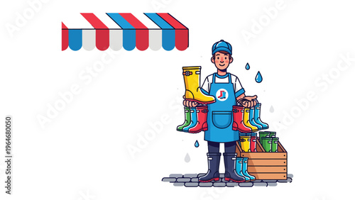 Vendor with boots on sale: An illustration of a vendor proudly displaying an array of colorful boots under an awning on a rainy day, ready for customers.