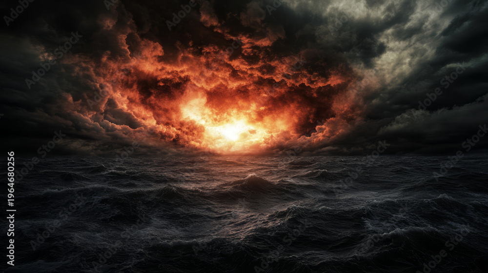 Fototapeta premium Dramatic ocean storm with fiery clouds and turbulent waves at sunset