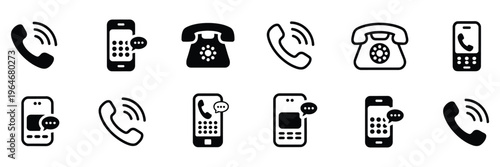 Phone icon set, chat bubble icon, telephone call sign, contact icon phone mobile call, communication icon pack, clean line and flat style symbols