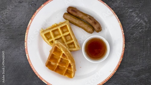 Rotating Plate of Waffles with Sausage and Syrup