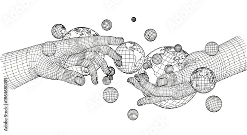 Wireframe hands holding virtual objects.