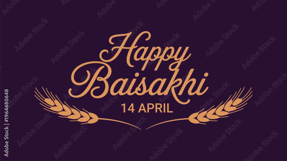 Obraz premium Happy Baisakhi 14 April typography design with wheat laurel illustration elegant festive Punjabi harvest festival greeting celebrating culture tradition
