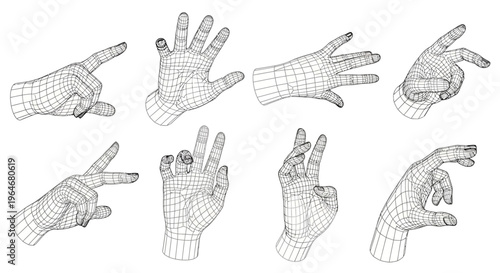 Wireframe hands in various positions shown.