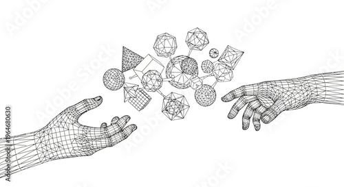 Hands Reaching for Floating Geometric Shapes.