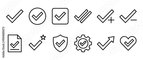 Checkmark icons collection featuring various styles and symbols for verification, approval, and completion status.