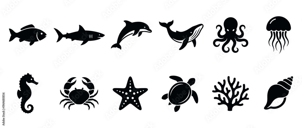 Fototapeta premium Collection of various sea creatures and marine life icons, including fish, shark, dolphin, whale, octopus, jellyfish, seahorse, crab, starfish, turtle, coral, and seashell.