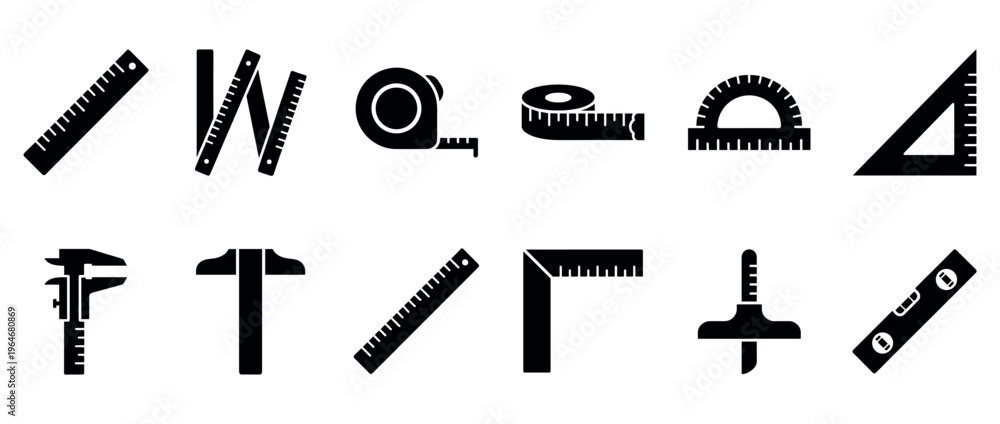 Fototapeta premium Measuring tools icons collection featuring various instruments like rulers, tapes, calipers, and levels for precise measurements.