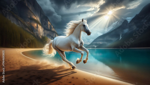 white horse with long mane run in beach dust