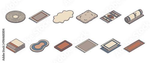 Collection of various isometric rugs and mats in different shapes, textures, and patterns for home decor and interior design elements.