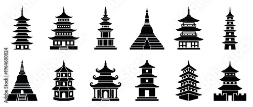 Collection of traditional Asian temple and pagoda silhouettes representing various architectural styles and religious structures.