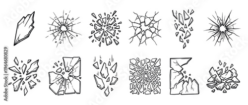 Broken glass fragments and shattered crack patterns in various hand-drawn outline illustrations, depicting damage and destruction.