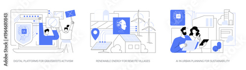 Tech, AI Driving Sustainability and Social Change abstract concept vector illustrations.