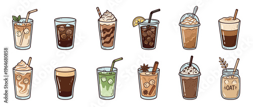 Collection of various refreshing iced coffee and cold beverage illustrations in different glasses with straws and toppings.