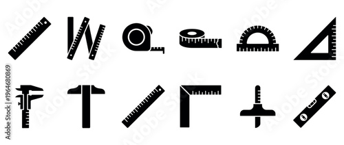 Measuring tools icons collection featuring various instruments like rulers, tapes, calipers, and levels for precise measurements.