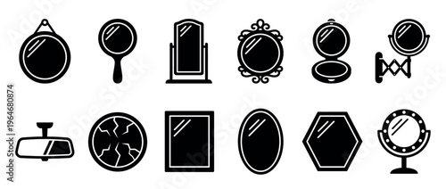 Mirror icons collection featuring various shapes and styles including handheld, wall-mounted, compact, and vanity designs in a clean silhouette.