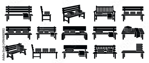 Vector icons of various sauna benches with neatly folded towels, perfect for illustrating spa, wellness, and relaxation concepts.